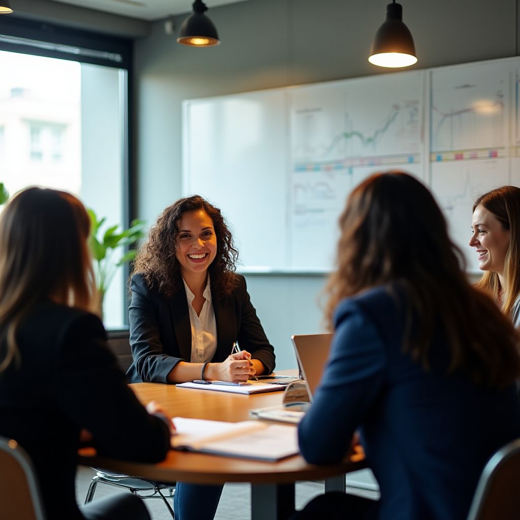Equipo de consultores financieros en reunión estratégica